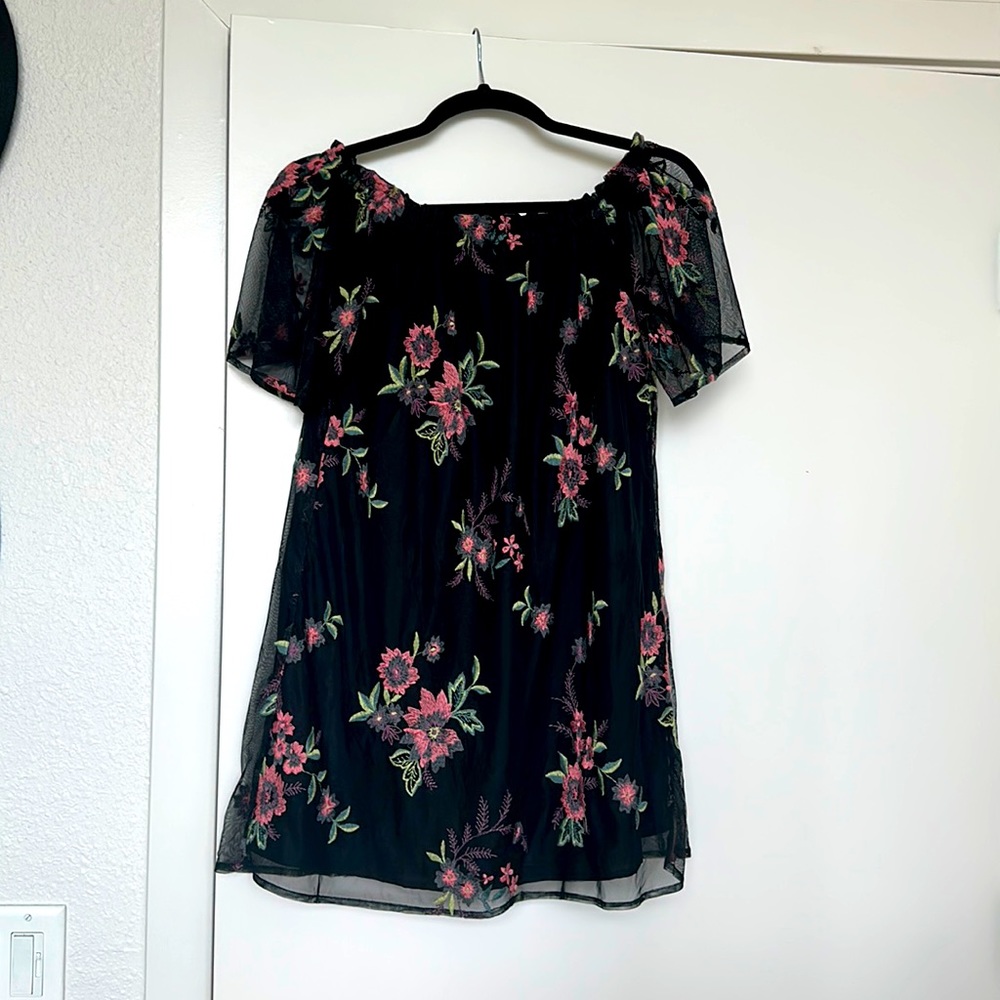 Embroidered off the shoulder mini dress